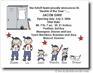 Pen At Hand Stick Figures Birth Announcements - Baseball (color)